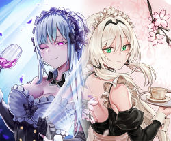 Rule 34 | 2girls, ak-12 (girls&#039; frontline), alternate costume, an-94 (girls&#039; frontline), apron, bad id, bad pixiv id, bare shoulders, black gloves, blonde hair, bow, breasts, cleavage, closed mouth, cup, detached collar, dress, enmaided, falling petals, flower, frills, girls&#039; frontline, gloves, glowing, glowing eye, green eyes, hair between eyes, holding, holding cup, holding tray, korean commentary, large breasts, long hair, maid, maid apron, maid headdress, multiple girls, nlitz, one eye closed, petals, plate, smile, tray, wrist cuffs