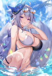 Rule 34 | 1girl, absurdres, ahoge, animal ears, azur lane, bare arms, bare shoulders, bikini, braid, breasts, choker, cleavage, day, eyewear on head, floppy ears, fox mask, hair ornament, hairclip, hand up, highres, large breasts, long hair, looking at viewer, mask, mask on head, navel, outdoors, palm leaf, parted lips, purple eyes, shanguier, silver hair, single braid, solo, stomach, string bikini, sunglasses, sunglasses on head, sunlight, thigh strap, tosa (azur lane), tosa (hometown zest) (azur lane), two-tone bikini, very long hair, water, wet