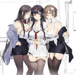 3girls absurdres bare_shoulders black_hair black_skirt blush breasts brown_eyes brown_hair cleavage closed_mouth cup flower garter_straps glasses hair_between_eyes hair_flower hair_ornament hairband highres holding holding_cup jacket large_breasts long_hair long_sleeves looking_at_viewer mole mole_under_eye multiple_girls neckerchief off_shoulder pantyhose pencil_skirt red_neckerchief sailor_collar sandwiched school_uniform serafuku shirt short_hair shoukaku_(warship_girls_r) sideboob sketch skirt sleeveless smile suruga_(warship_girls_r) thighhighs unfinished very_long_hair warship_girls_r white_shirt xiangchizhubijin yellow_eyes zettai_ryouiki zuikaku_(warship_girls_r)