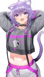 Rule 34 | 1girl, :d, absurdres, animal ears, arms behind head, black choker, black jacket, cat ears, cat tail, choker, collarbone, commentary request, fang, hair between eyes, highres, hololive, jacket, looking at viewer, midriff, navel, nekomata okayu, nekomata okayu (1st costume), open mouth, purple eyes, purple hair, shino (comic penguin club), short hair, simple background, smile, solo, tail, virtual youtuber, white background