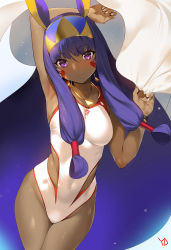 Rule 34 | 1girl, animal ears, arm up, armpits, artist name, bed sheet, blush, breasts, closed mouth, competition swimsuit, covered navel, cowboy shot, dark-skinned female, dark skin, earrings, fate/grand order, fate (series), hair tubes, hairband, highres, hoop earrings, jewelry, long hair, looking at viewer, medium breasts, necklace, nitocris (fate), nitocris (fate/grand order), nitocris (swimsuit assassin) (fate), nitocris (swimsuit assassin) (second ascension) (fate), one-piece swimsuit, purple eyes, purple hair, revision, sheet grab, sidelocks, smile, solo, swimsuit, very long hair, white one-piece swimsuit, wristband, yd (orange maru)