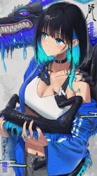 Rule 34 | 1girl, 2others, aqua eyes, aqua hair, armpit crease, bare shoulders, belt collar, black hair, blue fur, blue jacket, blue nails, breasts, cleavage, closed mouth, collar, collarbone, colored inner hair, commentary request, cowboy shot, dragon, earrings, eastern dragon, grey pants, highres, jacket, jewelry, light blush, looking at another, medium breasts, medium hair, midriff, multicolored hair, multiple others, nail polish, noeru, open clothes, open jacket, original, pants, saliva, sports bra, straight hair, sweatpants, wet, white sports bra
