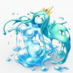 Rule 34 | 1girl, :o, aqua hair, ass, blue skin, breasts, collarbone, colored skin, crown, crystal lady, full body, gem, highres, large breasts, long hair, looking away, looking up, monster girl, no nipples, nude, open mouth, poifuru, ringed eyes, shadow, simple background, slime (substance), slime girl, solo, very long hair, white background, yellow eyes, yuusha no kuse ni namaiki da