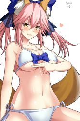 Rule 34 | 10s, 1girl, absurdres, animal ear fluff, animal ears, armpit peek, artist name, bare shoulders, bikini, blue bow, blush, bow, breasts, cleavage, collarbone, cowboy shot, dated, fang, fate/extra, fate/extra ccc, fate (series), fox ears, fox girl, fox tail, groin, hair bow, heart, highres, large breasts, navel, official alternate costume, parted lips, pink hair, shiseki hirame, side-tie bikini bottom, sidelocks, smile, solo, suggestive fluid, swimsuit, tail, tamamo (fate), tamamo no mae (fate/extra), tamamo no mae (sexy bikini) (fate), twintails, underboob, white bikini, yellow eyes