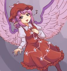 Rule 34 | 1girl, :d, blush, breasts, commentary, dress, dutch angle, eighth note, feathered wings, feet out of frame, fingernails, frills, grey background, grey eyes, hand on own chest, hat, head wings, juliet sleeves, long sleeves, looking at viewer, mob cap, musical note, mystia lorelei, open mouth, pink hair, pink wings, puffy sleeves, red dress, red hat, sharp fingernails, shirt, short hair, small breasts, smile, solo, standing, touhou, unfinished, white shirt, wings, wool (miwol)