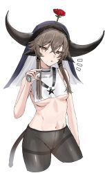 Rule 34 | 1girl, absurdres, animal ears, arknights, beer can, black pantyhose, breasts, brown hair, can, cow ears, cow girl, cow horns, drink can, flower, flower on head, green eyes, highres, holding, holding can, horn/wood, horns, medium breasts, navel, pallas (arknights), pantyhose, red flower, red rose, rose, short hair with long locks, simple background, solo, stomach, thighband pantyhose, underboob, veil, white background