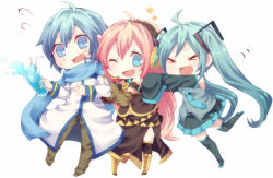 Rule 34 | &gt; &lt;, 1boy, 2girls, :d, ;d, > <, ahoge, aqua eyes, aqua hair, black skirt, blue eyes, blue hair, blue scarf, blush, boots, chibi, closed eyes, detached sleeves, drink, fang, food, full body, happy, hatsune miku, headphones, headset, jacket, kaito (vocaloid), knee boots, laughing, long hair, long skirt, megurine luka, multiple girls, necktie, nervous, niwako, one eye closed, open mouth, pants, pink hair, pleated skirt, popsicle, scarf, shirt, short hair, simple background, skirt, sleeveless, sleeveless shirt, smile, standing, sweatdrop, thigh boots, thighhighs, twintails, very long hair, vocaloid, white background, wince, xd