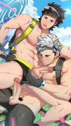 Rule 34 | 2boys, abs, age difference, brown hair, creatures (company), game freak, highres, male focus, male protagonist (pokemon go), mazjojo, multiple boys, muscular, nintendo, outdoors, penis, pokemon, pokemon go, silver hair, testicles, uncensored, willow (pokemon), yaoi