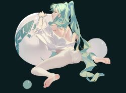 Rule 34 | 1girl, absurdres, aqua hair, arched back, arm tattoo, ass, back, ball, beachball, bra, bracelet, eyelashes, feet, full body, grandia lee, green background, hands up, hatsune miku, highres, jewelry, leaning forward, legs, long hair, long sleeves, looking back, nail polish, no shoes, off shoulder, open clothes, open shirt, panties, panties under pantyhose, pantyhose, parted lips, shadow, shirt, sidelocks, soles, solo, stirrup legwear, tattoo, toe scrunch, toeless legwear, toenail polish, toenails, toes, twintails, underwear, vocaloid, white bra, white pantyhose, white shirt