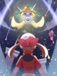 Rule 34 | 1girl, bandana, blurry, blurry foreground, brown hair, cloud, commentary request, creatures (company), deoxys, game freak, gen 3 pokemon, glowing, highres, inana umi, jirachi, legendary pokemon, may (pokemon), mythical pokemon, night, nintendo, outdoors, pokemon, pokemon (creature), pokemon rse, red bandana, red shirt, shirt, short sleeves, sky, star (sky), starry sky, trapinch, twintails
