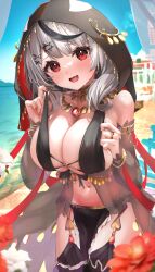 Rule 34 | 1girl, bare shoulders, breasts, cleavage, grey hair, hai 0013, highres, hololive, large breasts, looking at viewer, multicolored hair, outdoors, red eyes, sakamata chloe, solo, streaked hair, virtual youtuber