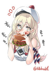 Rule 34 | 1girl, armband, beret, blonde hair, blush, eating, ebifurya, food, food on face, burger, hat, highres, holding, holding food, kantai collection, long hair, looking at viewer, pom pom (clothes), richelieu (kancolle), simple background, sleeveless, solo, translated, twitter username, white background, yellow eyes