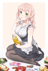 Rule 34 | 1girl, apron, bare arms, bare shoulders, black skirt, brand name imitation, breasts, brown pantyhose, buttons, chips (food), collarbone, collared shirt, dress shirt, fangxiang cuoluan, feet, food, green eyes, hand up, highres, holding, large breasts, long hair, looking at viewer, maid, maid apron, no shoes, original, pantyhose, pink hair, pocky, potato chips, shirt, skirt, sleeveless, sleeveless shirt, solo, underbust, white shirt
