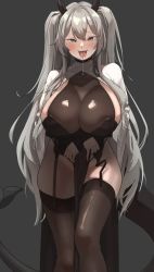 Rule 34 | 1girl, :p, absolutemabbak, arm under breasts, black dress, black panties, black thighhighs, blue eyes, breast hold, breasts, choker, cleavage, commission, dress, drooling, garter belt, grey background, grey hair, highleg, highleg panties, highres, horns, huge breasts, impossible clothes, long hair, micro panties, original, panties, pelvic curtain, saliva, second-party source, see-through, see-through silhouette, sidelocks, simple background, solo, standing, string panties, tail, teeth, thigh gap, thighhighs, tongue, tongue out, twintails, underwear, upper teeth only, very long hair