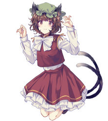 Rule 34 | 1girl, animal ears, blouse, bow, bowtie, brown eyes, brown hair, cat ears, cat tail, chen, earrings, green hat, hat, highres, hoop earrings, jewelry, long sleeves, mob cap, multiple tails, red skirt, red vest, shirt, simple background, single earring, skirt, solo, tail, touhou, two tails, uranaishi (miraura), vest, white background, white bow, white bowtie, white shirt