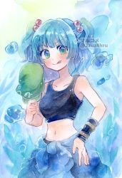 Rule 34 | 1girl, 2zuz4hru, :q, air bubble, artist name, bare shoulders, blue eyes, blue hair, blue tank top, blush, bubble, clothes around waist, collarbone, commentary request, cowboy shot, flat cap, green eyes, green hat, hair bobbles, hair ornament, hand on own hip, hand up, hat, holding, holding clothes, holding hat, kawashiro nitori, looking at viewer, midriff, multicolored eyes, navel, painting (medium), partial commentary, shirt, short hair, single bracer, smile, solo, stomach, tank top, tied shirt, tongue, tongue out, touhou, traditional media, twitter username, two side up, unworn hat, unworn headwear, unworn shirt, watercolor (medium), watermark