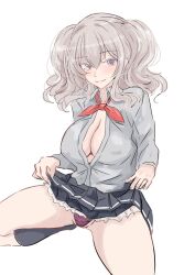 Rule 34 | 1girl, absurdres, breasts, cleavage, clothes lift, collared shirt, grey hair, grey shirt, highres, kantai collection, kashima (kancolle), ken (shutenndouji1), large breasts, lifting own clothes, long hair, neckerchief, panties, purple panties, red neckerchief, shirt, simple background, sitting, skirt, skirt lift, smile, solo, twintails, underwear, white background