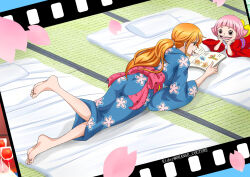 Rule 34 | 2girls, artist name, barefoot, blue kimono, blunt bangs, book, cherry blossoms, feet, film border, film strip, floral print, foot up, full body, futon, head rest, highres, indoors, japanese clothes, kimono, long hair, lying, medium hair, multiple girls, nami (one piece), obi, obijime, official alternate costume, on stomach, one piece, open book, open mouth, orange eyes, orange hair, pink hair, pink sash, ponytail, print kimono, purple sash, reading, red kimono, rider (orange couture), sash, sidelocks, soles, tatami, toes, toko (one piece)