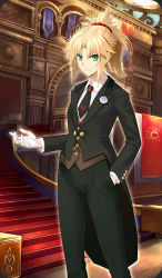 Rule 34 | 1girl, blonde hair, braid, collared shirt, crossdressing, fate/grand order, fate (series), flower, formal, gloves, green eyes, hair ornament, hair scrunchie, hand in pocket, indoors, konoe ototsugu, long hair, looking at viewer, mordred (fate), mordred (fate/apocrypha), mordred (formal dress) (fate), necktie, official art, pant suit, pants, pocket, ponytail, scrunchie, shirt, smile, solo, stained glass, stairs, standing, suit, white gloves, white shirt