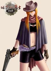 Rule 34 | 00s, breasts, cape, cleavage, cowboy hat, dungeon and fighter, female gunner (dungeon and fighter), fingerless gloves, gloves, gun, gunner (dungeon and fighter), hat, redesign, weapon