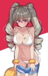 Rule 34 | 1girl, absurdres, anchovy (girls und panzer), bikini, blush, breasts, cleavage, closed mouth, clothes pull, commentary, cutoffs, double bun, drill hair, girls und panzer, girls und panzer senshadou daisakusen!, green hair, hair bun, hair ornament, halterneck, highres, kshimu, large breasts, long hair, looking at viewer, micro shorts, navel, orange scrunchie, pulling own clothes, purple eyes, red background, scrunchie, shorts, shorts pull, side-tie bikini bottom, smile, solo, standing, star (symbol), star hair ornament, string bikini, sweat, swimsuit, torn clothes, torn shorts, twin drills, twintails, white background, white bikini, wrist scrunchie