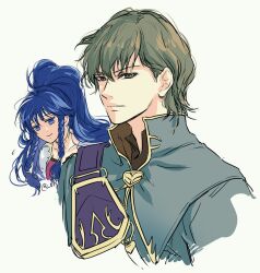 Rule 34 | 1boy, 1girl, blue eyes, blue hair, braid, brother and sister, closed mouth, fire emblem, fire emblem: the sacred stones, green eyes, green hair, hair between eyes, highres, innes (fire emblem), long hair, nintendo, ponytail, short hair, siblings, tana (fire emblem), twin braids, umi ( oneinchswing), upper body, very long hair, white background