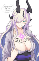 Rule 34 | 1girl, 2024, aqua eyes, arknights, black sash, blush, body writing, breasts, cleavage, collarbone, commentary, eblana (arknights), fangs (fangs art), floral print, grey kimono, grin, hair over one eye, highres, horns, japanese clothes, kimono, large breasts, long hair, looking at viewer, obi, sash, smile, solo, speech bubble, upper body, very long hair, white hair