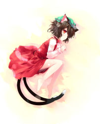 Rule 34 | 1girl, animal ears, barefoot, brown hair, cat ears, cat girl, cat tail, chen, female focus, full body, gradient background, hat, multiple tails, shin (new), short hair, solo, tail, touhou