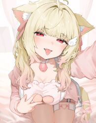 Rule 34 | 1girl, :p, ahoge, animal ear fluff, animal ears, bell, belt, belt buckle, between breasts, blonde hair, blush, bow, bra, breasts, buckle, cardigan, cat ears, cat girl, cat tail, checkered clothes, checkered skirt, choker, cleavage, cleavage cutout, clothing cutout, collarbone, fang, frilled bra, frills, hair ornament, heart, heart ahoge, heart cutout, heart in eye, heart o-ring, highres, indoors, jingle bell, kemomimi refle!, large breasts, lingerie, long hair, long sleeves, looking at viewer, miniskirt, mole, mole under eye, neck bell, nekoma karin, o-ring, o-ring thigh strap, open belt, open cardigan, open clothes, open mouth, open shirt, outstretched arm, pink cardigan, pink ribbon, pink shirt, reaching, reaching towards viewer, red eyes, ribbon, saliva, shirt, shoulder belt, sitting, skirt, smile, solo, sorotu, strap between breasts, symbol in eye, tail, tail ornament, tail ribbon, thigh strap, thighs, tongue, tongue out, underwear, v, virtual youtuber, white belt, white choker, wing hair ornament