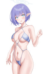 Rule 34 | 1girl, absurdres, ailae, aoi (blue archive), bare arms, bare shoulders, bikini, blue archive, blue eyes, blush, breasts, collarbone, cowboy shot, groin, hair between eyes, halo, highleg, highleg bikini, highres, large breasts, looking at viewer, navel, o-ring, parted lips, pointy ears, purple hair, short hair, simple background, skindentation, solo, standing, stomach, string bikini, swimsuit, white background