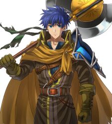 1boy armor axe battle_axe blue_eyes blue_hair cape clenched_hand commentary_request double-sided_axe fire_emblem fire_emblem:_path_of_radiance fire_emblem_heroes gloves headband highres holding holding_axe holding_weapon ike_(brave_mercenary)_(fire_emblem) ike_(fire_emblem) kometubu0712 looking_at_viewer male_focus nintendo official_alternate_costume over_shoulder pauldrons short_hair shoulder_armor simple_background single_pauldron solo weapon weapon_over_shoulder