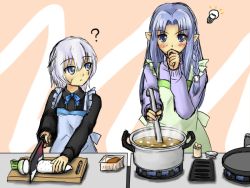 Rule 34 | 2girls, ?, apron, blue eyes, blue hair, blush, bow, bowtie, butcher knife, cooking, fate/apocrypha, fate/stay night, fate (series), frown, frying pan, hand to own mouth, hozenkakari, jack the ripper (fate/apocrypha), ladle, light bulb, long hair, medea (fate), multiple girls, pointy ears, pot, radish, scar, short hair, silver hair, sketch, frying pan, stove, sweater