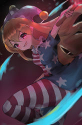 Rule 34 | 1girl, absurdres, american flag dress, american flag pants, arm up, black background, breasts, brown background, brown hair, clownpiece, commentary request, dress, fang, fire, gradient background, hair between eyes, hand up, hat, highres, jester cap, leg up, light brown hair, long hair, looking at viewer, medium breasts, neck ruff, open mouth, pants, pink eyes, polka dot, purple background, purple hat, short sleeves, smile, solo, standing, standing on one leg, star (symbol), star print, striped clothes, striped dress, striped pants, torch, touhou