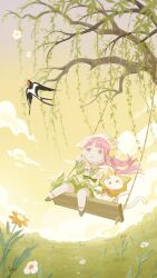 Rule 34 | 1girl, bird, brown eyes, brown footwear, cat, cloud, commentary, day, dress, english commentary, flower, grass, green dress, hat, highres, light smile, momo (miracle nikki), nikki (miracle nikki), official art, outdoors, pink hair, shining nikki, signature, sunlight, swing, swinging, tree, white cat, yellow cloak
