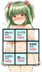 Rule 34 | 1girl, :&lt;, beatmania, beatmania iidx, blush, closed mouth, collarbone, covering privates, flying sweatdrops, food-themed hair ornament, fujisaka lyric, green hair, hair ornament, head tilt, hishimiya tsugaru, holding, long hair, nose blush, nude cover, red eyes, simple background, solo, strawberry hair ornament, sweat, translation request, two side up, white background