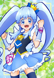 Rule 34 | black thighhighs, blue background, blue eyes, blue hair, blue skirt, brooch, cowboy shot, crown, cure princess, hair between eyes, happinesscharge precure!, heart, heart brooch, jewelry, looking at viewer, magical girl, mini crown, open mouth, plant, precure, shihou rebu, shirayuki hime, short sleeves, skirt, smile, thighhighs, twintails, vest, watch, wing brooch, wing earrings, wrist cuffs, wristwatch
