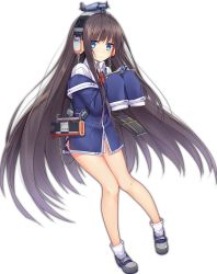 Rule 34 | 1girl, aircraft, azur lane, bare legs, blue eyes, brown hair, chain, flight deck, full body, haluka (aixioo), headphones, long hair, long island (azur lane), long sleeves, looking at viewer, necktie, no pants, object on head, official art, shoes, sleeves past wrists, smile, solo, transparent background