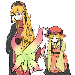 Rule 34 | 2girls, :|, aki minoriko, apron, black skirt, blush, closed eyes, closed mouth, food, fox tail, fruit hair ornament, hands in opposite sleeves, height difference, highres, junko (touhou), long hair, long sleeves, looking back, multiple girls, multiple tails, orange hair, peroponesosu., phoenix crown, red eyes, shaded face, shirt, short hair, simple background, skirt, sleeves past wrists, smile, sweet potato, tabard, tail, tassel, touhou, white background, yellow shirt