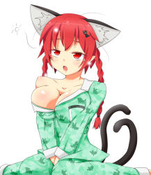 Rule 34 | 1girl, animal ears, bad anatomy, bare shoulders, braid, breasts, cat ears, cat tail, cleavage, floral print, highres, himenomikan, kaenbyou rin, knees together feet apart, large breasts, multiple tails, pajamas, red eyes, red hair, shirt, sitting, solo, tail, touhou, twin braids, wariza