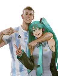 1boy 1girl 6_teh aqua_necktie arm_hair bare_shoulders character_request collared_shirt detached_sleeves green_eyes green_hair hatsune_miku highres long_hair looking_at_viewer necktie open_mouth pointing pointing_at_another real_life shirt simple_background smile soccer_uniform sportswear twintails upper_body v very_long_hair vocaloid white_background white_shirt