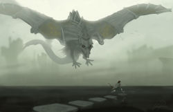Rule 34 | 1boy, avion (shadow of the colossus), battle, bow (weapon), colossus, flying, glowing, glowing eyes, lake, orange eyes, running, shadow of the colossus, short hair, stepping stones, surcoat, vince price, wander (shadow of the colossus), weapon, wings