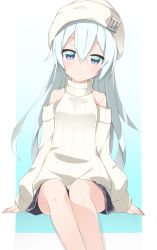 Rule 34 | 10s, 1girl, bare shoulders, blue background, blue eyes, blue hair, commentary request, hat, hibiki (kancolle), highres, kantai collection, long hair, long sleeves, looking at viewer, pleated skirt, rateratte, ribbed sweater, sitting, skirt, solo, sweater, turtleneck, turtleneck sweater