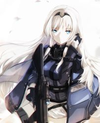 Rule 34 | 1girl, an-94, an-94 (girls&#039; frontline), assault rifle, black gloves, black hairband, blue eyes, closed mouth, commentary, girls&#039; frontline, gloves, gun, hairband, hand in own hair, hand up, holding, holding gun, holding weapon, jacket, long hair, looking away, looking to the side, name connection, nekoya (liu), object namesake, purple jacket, resolution mismatch, rifle, short shorts, shorts, sidelocks, solo, source larger, trigger discipline, very long hair, weapon, white background, white hair, white shorts