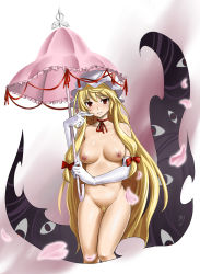 Rule 34 | 1girl, blonde hair, blush, breasts, cherry blossoms, elbow gloves, female focus, female pubic hair, gap (touhou), gloves, hat, highres, large breasts, long hair, md5 mismatch, nipples, nude, pubic hair, pussy, red eyes, resolution mismatch, ribbon, solo, source smaller, touhou, umbrella, very long hair, white gloves, yakumo yukari, zaxwu