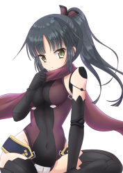 Rule 34 | 1girl, bare shoulders, black gloves, black hair, black thighhighs, blush, breasts, brown leotard, brown scarf, chize, covered navel, doll joints, elbow gloves, fate/grand order, fate (series), gloves, green eyes, hand up, head tilt, high ponytail, joints, katou danzou (fate), leotard, long hair, medium breasts, parted bangs, parted lips, ponytail, scarf, simple background, solo, thighhighs, very long hair, white background