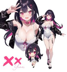 Rule 34 | 1girl, animal collar, black footwear, black hair, black jacket, bow, breasts, chibi, collar, collarbone, colored inner hair, dress, earrings, full body, hair ornament, hand up, highres, jacket, jewelry, large breasts, multicolored hair, open clothes, open jacket, open mouth, original, panties, pink collar, pink eyes, pink hair, pink ribbon, ribbon, short dress, side-tie panties, smile, underwear, v, white bow, white dress, x, x hair ornament, y uunaa
