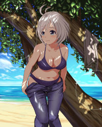 Rule 34 | .live, 1girl, 3:, absurdres, antenna hair, bad id, bad pixiv id, bare arms, bare shoulders, beach, bikini, black pants, blue eyes, blue sky, blush, breasts, cleavage, closed mouth, clothes pull, collarbone, commentary request, dappled sunlight, day, feet out of frame, frown, gibun (sozoshu), hair ornament, hairclip, highres, horizon, leaning forward, lens flare, looking away, looking to the side, medium breasts, navel, ocean, open fly, open pants, pants, purple bikini, shirt, silver hair, dennou shoujo siro, sky, solo, standing, stomach, striped bikini, striped clothes, sunlight, swimsuit, tareme, tree, under tree, undressing, unworn shirt, unzipped, vertical-striped bikini, vertical-striped clothes, virtual youtuber, water, white shirt