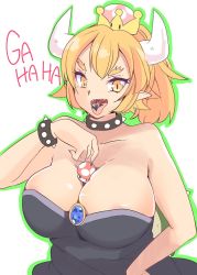 Rule 34 | 1boy, 1girl, areola slip, bare shoulders, blonde hair, bowsette, breasts, cleavage, collar, crown, fuyuno mikan, giant, giantess, highres, large breasts, mario, mario (series), mushroom, nintendo, pointy ears, simple background, spiked collar, spikes, super crown, super mario bros. 1, tongue, tongue out, vore, white background, yellow eyes