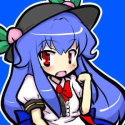 Rule 34 | 1girl, blue hair, blush, bow, eruru (erl), fang, female focus, food, fruit, hat, hinanawi tenshi, leaf, long hair, lowres, open mouth, peach, red eyes, short sleeves, solo, touhou, very long hair