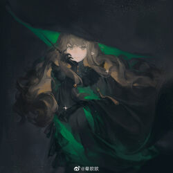 Rule 34 | 1girl, black dress, black gloves, black hat, brown eyes, brown hair, buttons, chinese commentary, closed mouth, commentary request, dark background, dress, gift art, gloves, green dress, green hat, hand on own chin, hat, holding, holding wand, long hair, long sleeves, looking at viewer, original, pointy ears, smile, solo, sparkle, star button, tassel, turtleneck, turtleneck dress, two-tone dress, two-tone headwear, upper body, wand, wavy hair, weibo logo, weibo watermark, wide sleeves, witch, witch hat, yunouou10